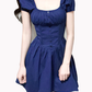 2025 Summer New Blue Square Neck Puff Sleeve Waist Slimming Short A-Line Dress R0944