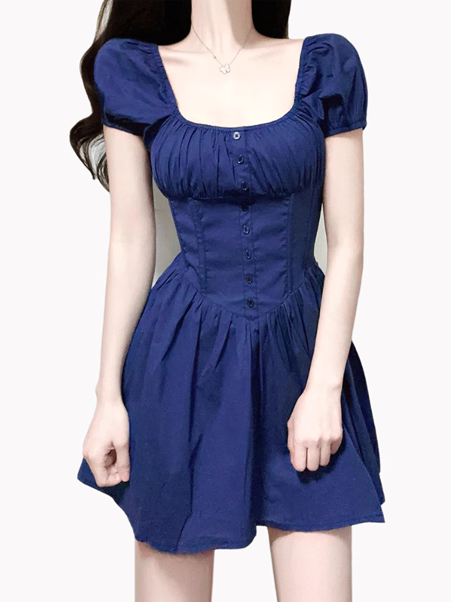 2025 Summer New Blue Square Neck Puff Sleeve Waist Slimming Short A-Line Dress R0944