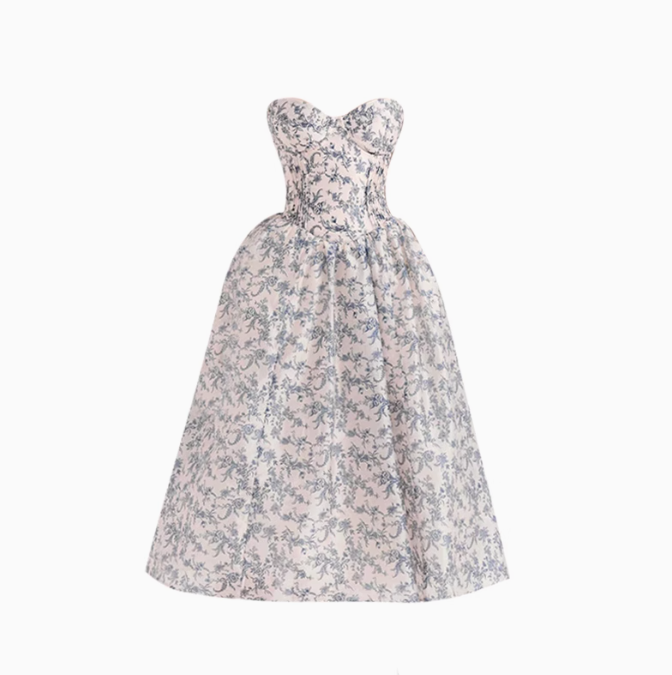 2025 elegant blue and white porcelain tube top dress with waist and wide swing R1267