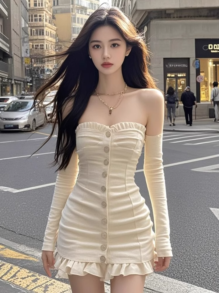 Pure desire hot girl button tube top sleeve dress 2025 ruffle stitching hip skirt R1074
