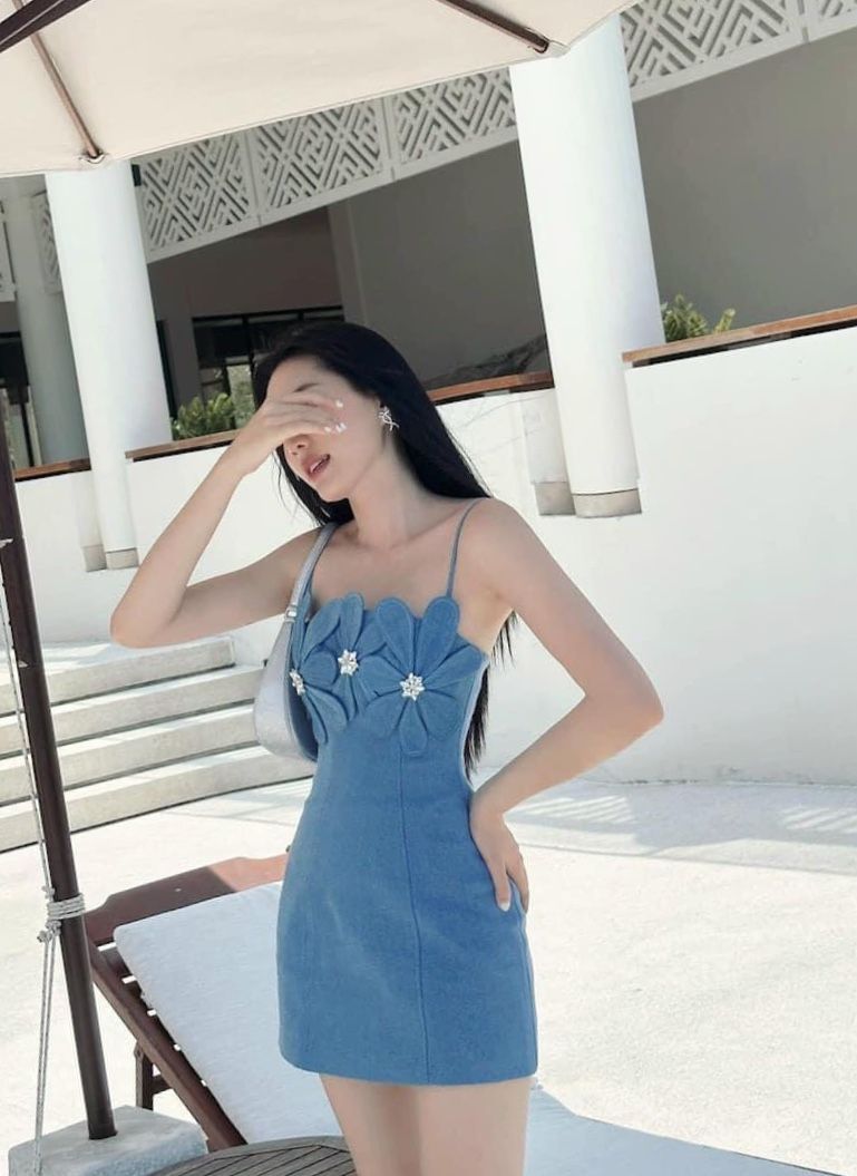 Blue denim neckline flower waist slim A-line mini skirt homecoming dress R3589