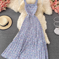 2025 new French floral dress sweet fairy suspender long skirt holiday knee-length pleated dress R0376