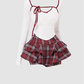 Sweet and spicy short contrast knitted top 2025 large size Christmas plaid skirt suit R1350