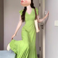 French retro green small flying sleeve dress high-end v-neck temperament step by step lotus fishtail skirt R0451