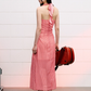 Red plaid waisted halter neck dress summer V-neck ribbon French temperament long dress R3324
