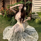 Fairy V-neck suspender dress heavy three-dimensional flower lace embroidery fishtail long skirt R1749