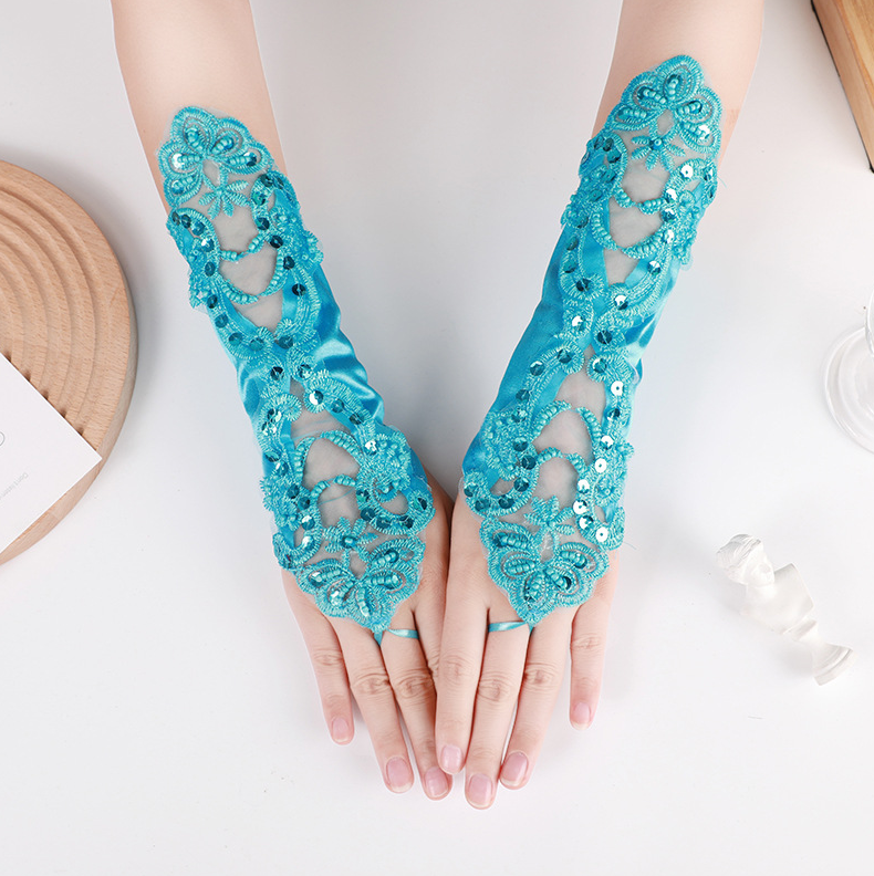 Hollow gloves wedding dress long lace embroidery nail beaded fingerless wedding gloves hook finger     S6250