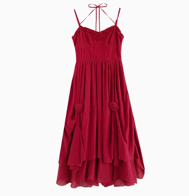 Summer French retro red suspender dress seaside holiday dress R1900
