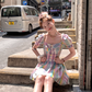Colorful square neck waist short sleeve plaid dress summer French skirt R5025