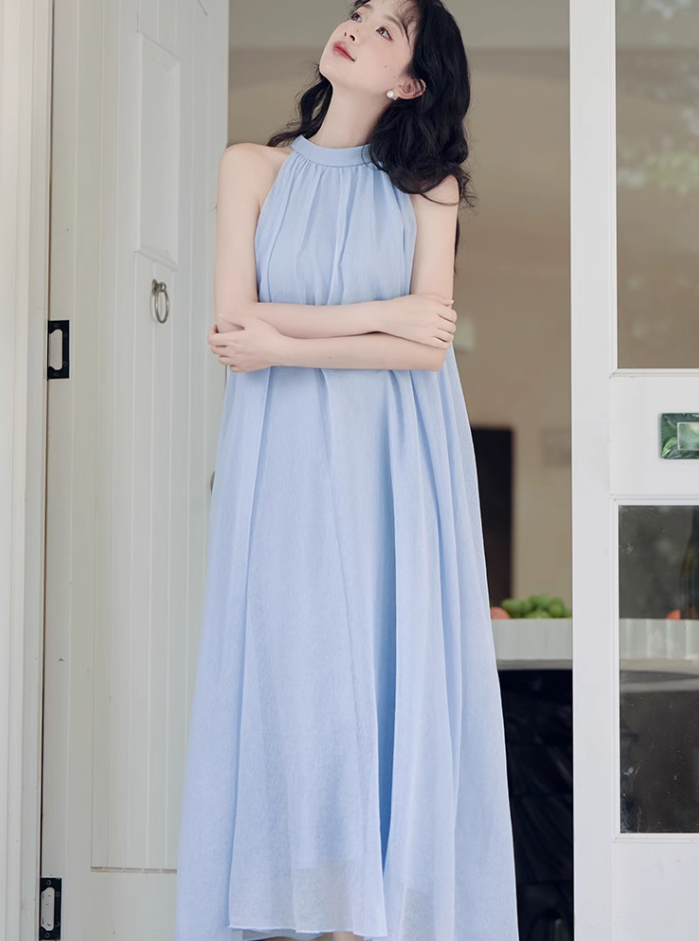 French blue halter neck dress new style holiday style waist beautiful fairy dress R2402