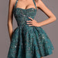Dark green halter neck slim waist A-line diamond skirt homecoming dress R3816