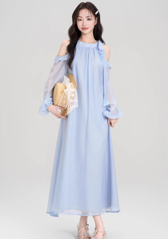 French design holiday halter neck off-shoulder dress beautiful gentle wind skirt R2387