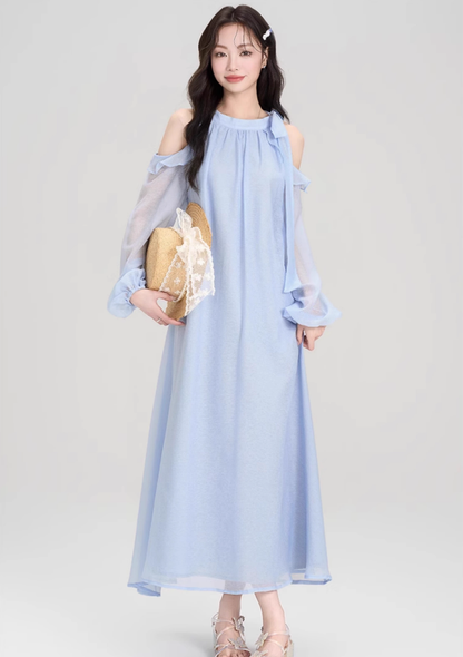 French design holiday halter neck off-shoulder dress beautiful gentle wind skirt R2387