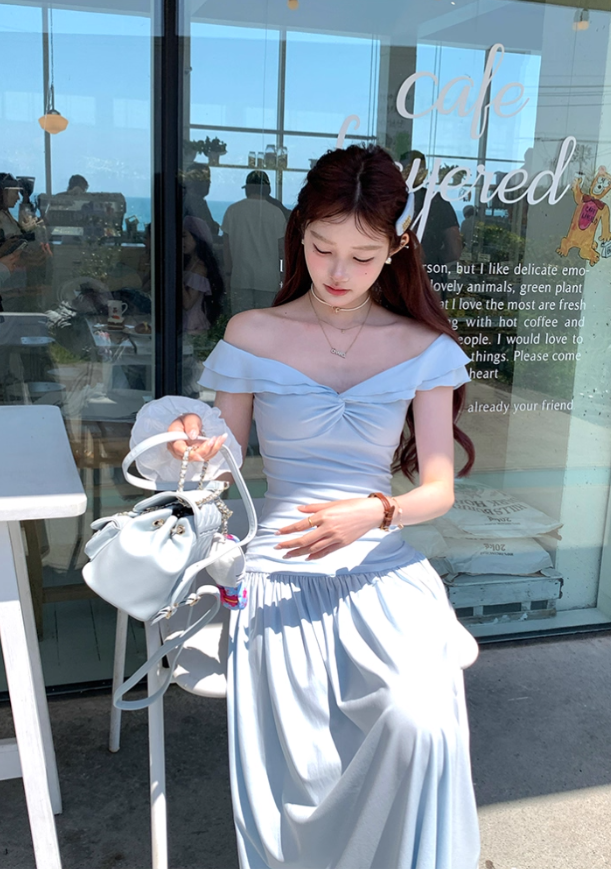 Blue v-neck small flying sleeve t-shirt pleated skirt suit summer French style loose two-piece suit R4913