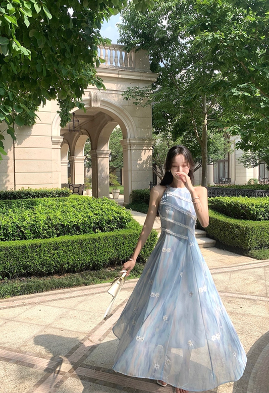 French style blue floral 3D lace waist dress R4295