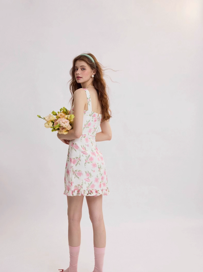 French floral suspender short dress R2710