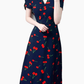 2025 Summer New Black V-neck Short Sleeve Cherry Print Wrap Long Dress R0920