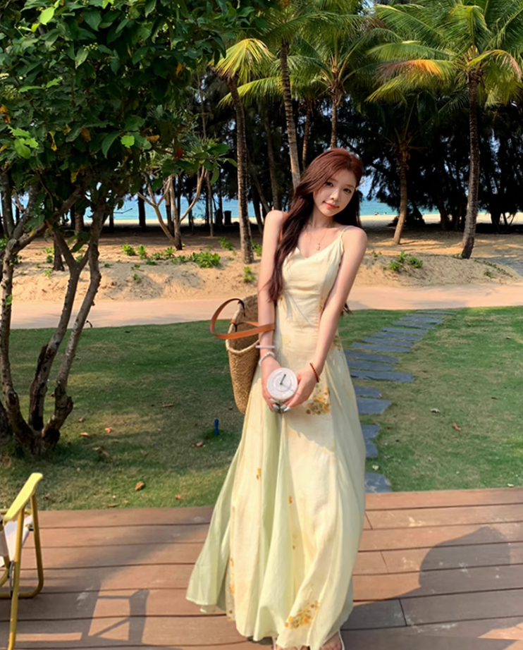 Printed suspender dress Chinese style women's clothing small size big swing v-neck long dress R1708