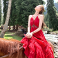 Red long v-neck off-shoulder waist halter dress summer French temperament sexy skirt R4579