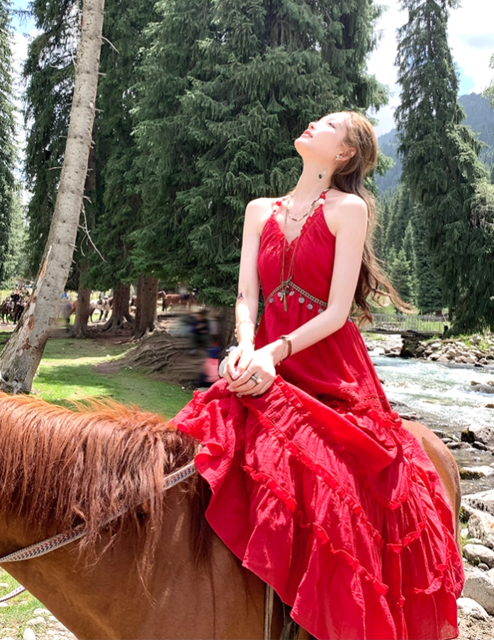 Red long v-neck off-shoulder waist halter dress summer French temperament sexy skirt R4579