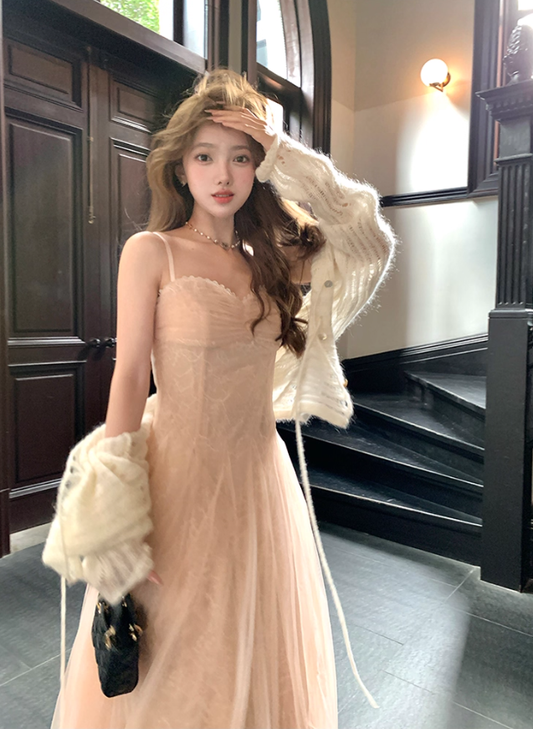 Pink waist temperament mesh embroidery suspender dress women's summer French skirt R4748