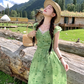 Green long v-neck small flying sleeve waist suspender dress summer temperament skirt R4906