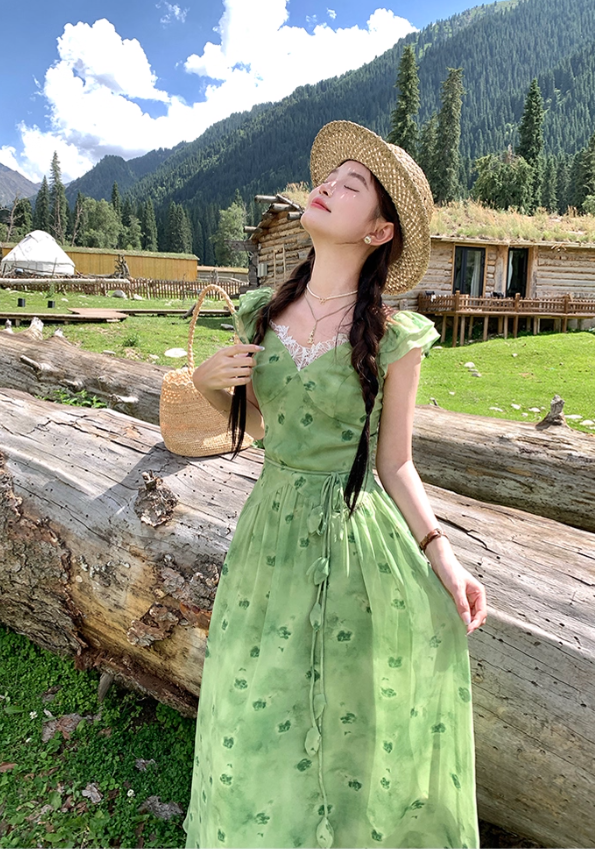 Green long v-neck small flying sleeve waist suspender dress summer temperament skirt R4906