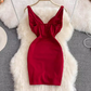 Fashionable slim fit sexy V-neck low-cut slit irregular sleeveless slim fit short hip dress R0369
