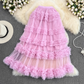 High waist slim mesh skirt elastic waist mid-length over the knee multi-layered wood ear edge cake skirt R0306