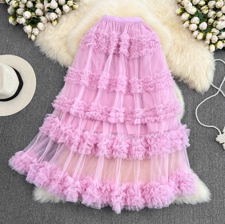 High waist slim mesh skirt elastic waist mid-length over the knee multi-layered wood ear edge cake skirt R0306