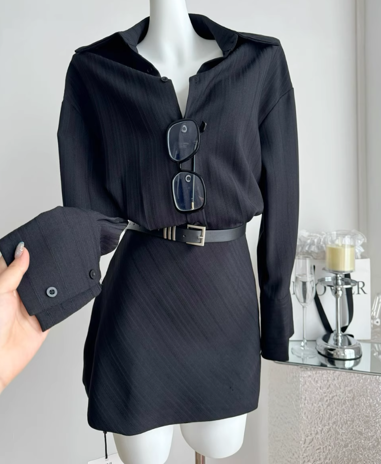 Shirt dress long sleeves new style waist black shirt dress R2103