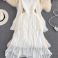 French tea break dress temperament super fairy trumpet long sleeve halter neck V neck waist A-line dress R0400