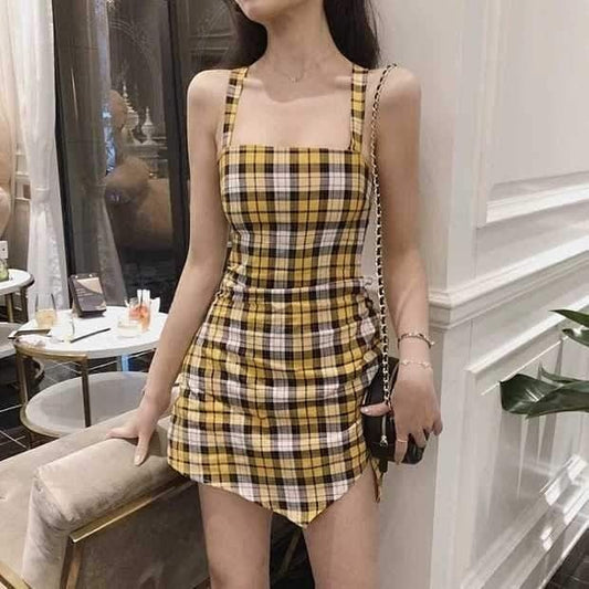 Checkered suspenders slim waist A-line short skirt homecoming dress R3249