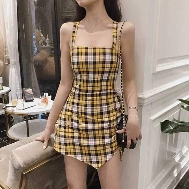 Checkered suspenders slim waist A-line short skirt homecoming dress R3249
