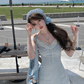 V-neck waist plaid suspender dress summer French temperament skirt R4951
