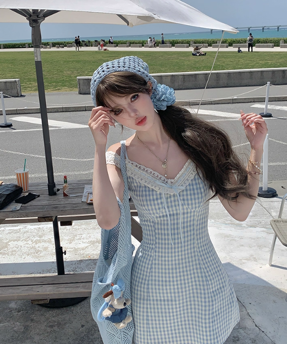 V-neck waist plaid suspender dress summer French temperament skirt R4951