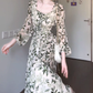 Green floral long-sleeved dress gentle temperament waist A-line long skirt R0707