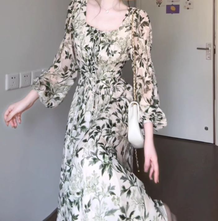 Green floral long-sleeved dress gentle temperament waist A-line long skirt R0707