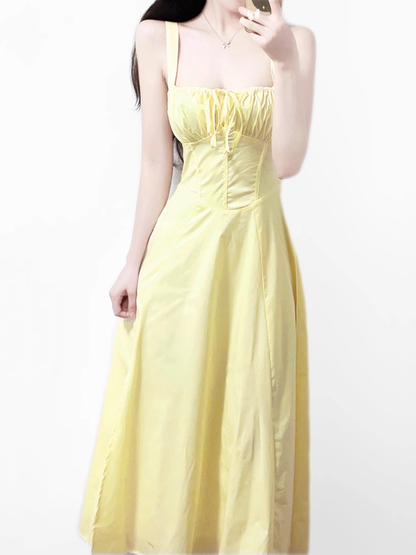 2025 Summer New Yellow Slit Sexy Waist Drawstring Holiday Suspender Dress R0938