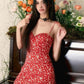 Red retro floral suspenders slim waist A-line short skirt homecoming dress R3273