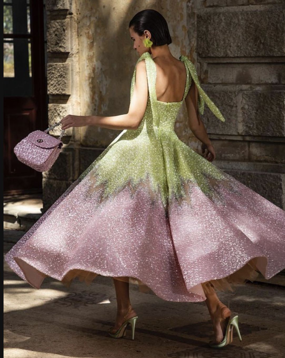 Pink and green stitching suspender waist and wide skirt dress, prom dress R5294