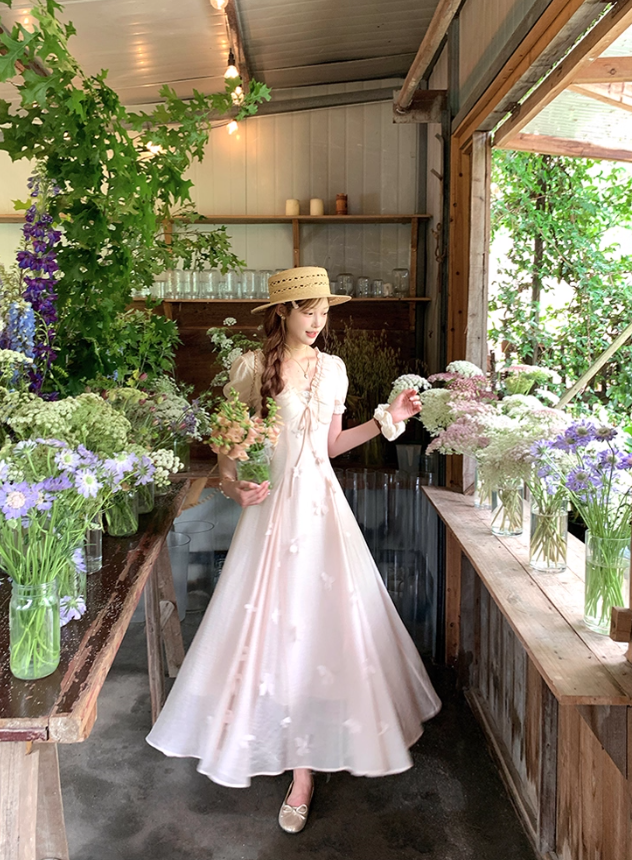 Pink long v-neck short-sleeved waist dress summer French retro temperament high-end dress R4743