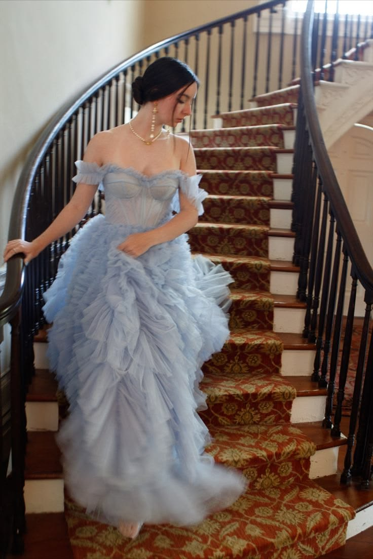Hazy Tulle Ruffled Puffy Prom Gown Pale Blue Women's Corset Maxi Birthday Dress Evening Dress RS3009