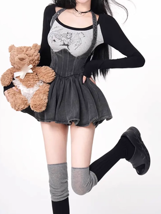 Sweet and spicy style long-sleeved color-blocked top 2025 waist denim halter neck tutu skirt suit R1334