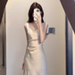 French high-grade satin suspender dress cool and elegant waist-length slit banquet dress for summer R0417