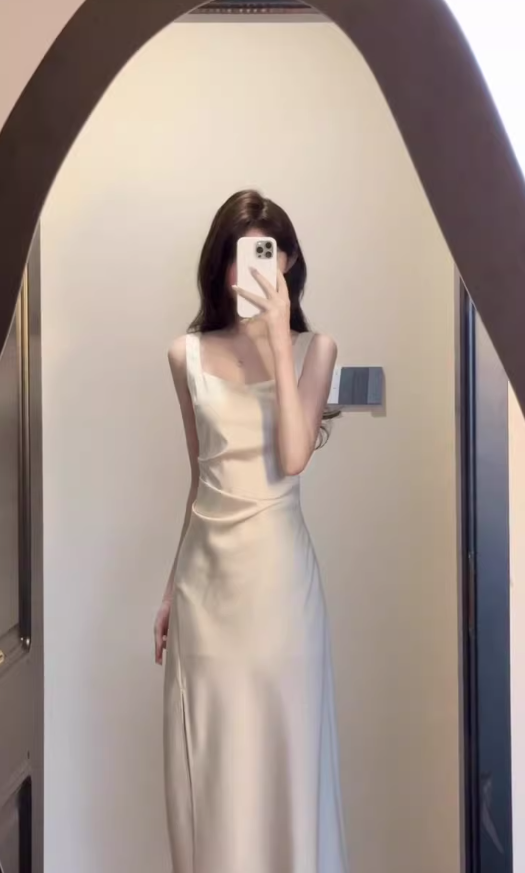 French high-grade satin suspender dress cool and elegant waist-length slit banquet dress for summer R0417