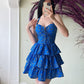 Blue halter neck slim waist cake skirt homecoming dress R3272