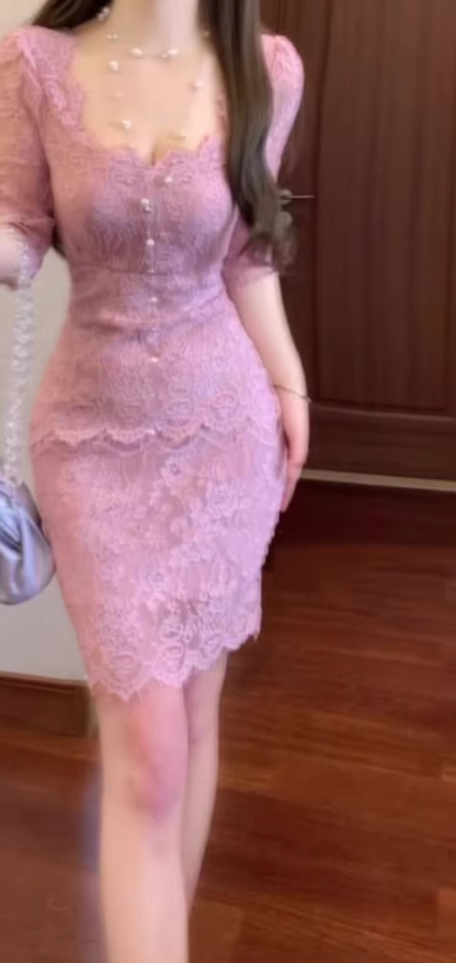 French style high-end purple lace dress sexy hot girl beautiful unique waist slim hip short skirt R0483