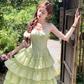 Green v-neck ruffled waist Tencel suspender dress women's summer French forest style skirt R4617