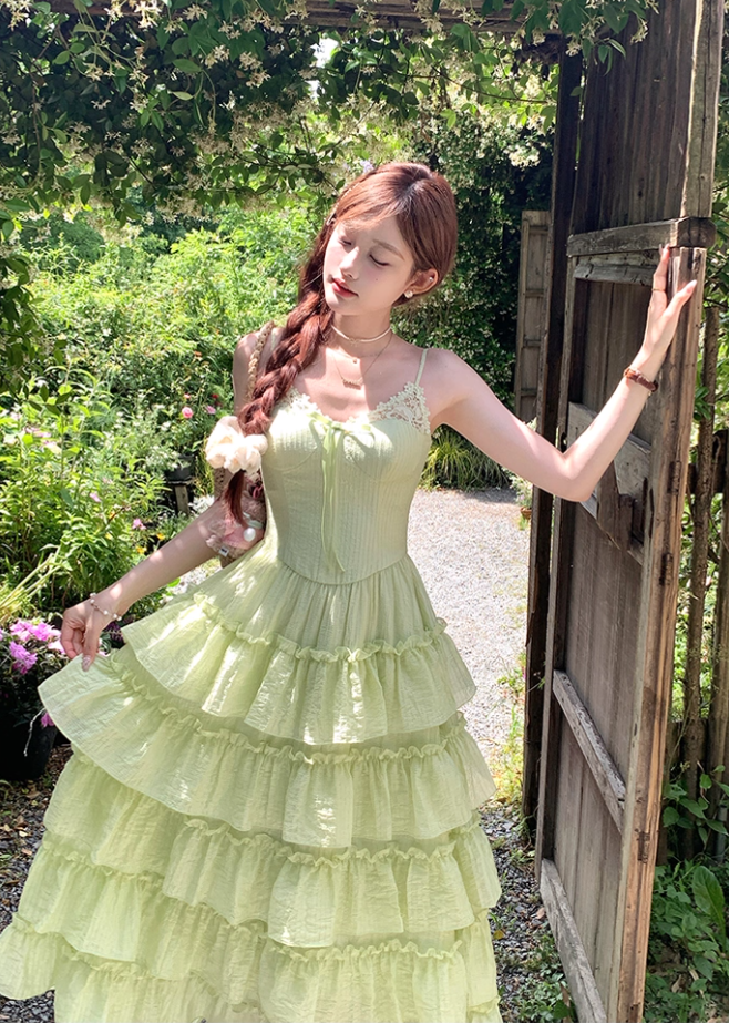 Green v-neck ruffled waist Tencel suspender dress women's summer French forest style skirt R4617